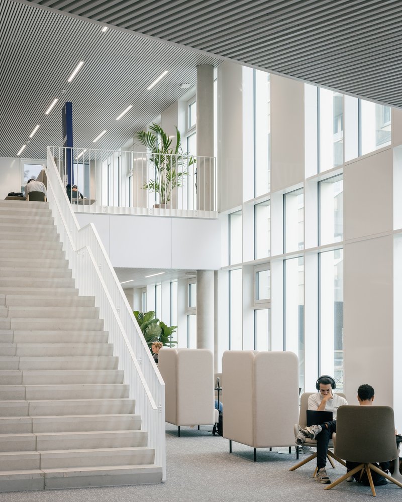 Learning and Innovation Center / evr-Architecten - Interior Photography, Stairs, Glass, Chair