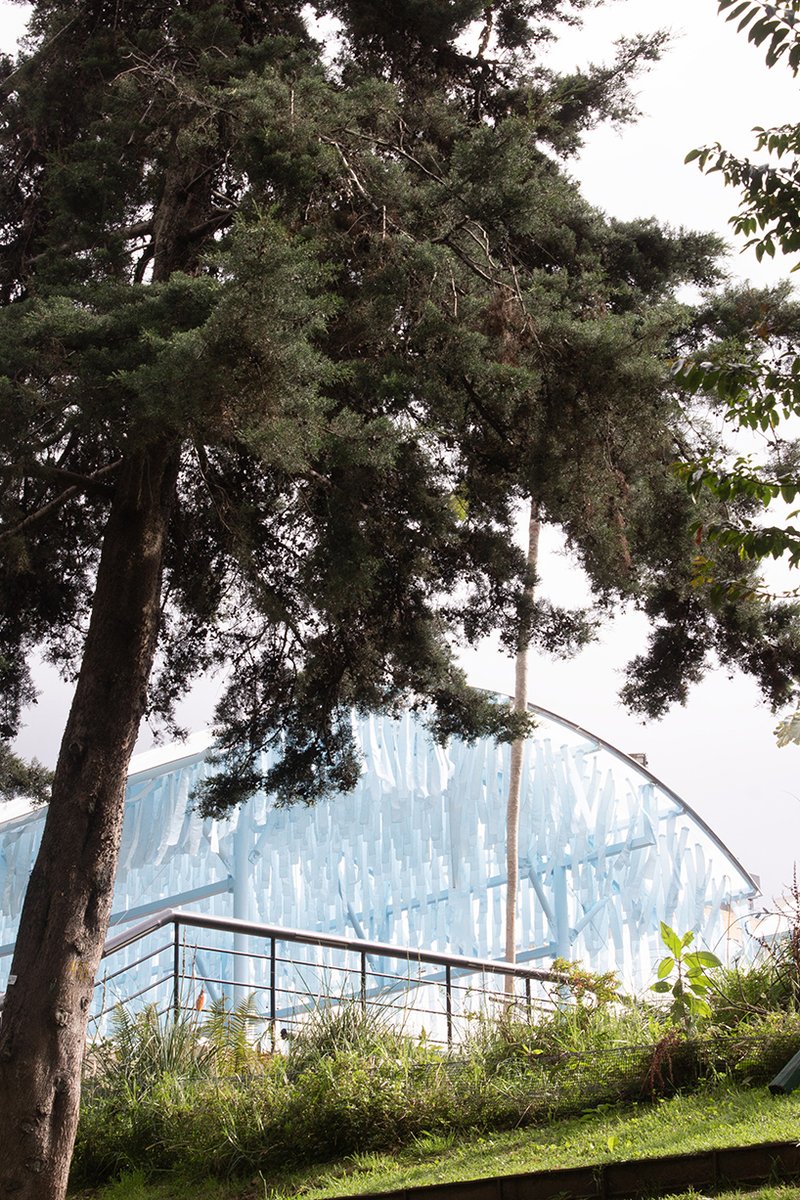 blue fabric fragments dance with the wind on modular cultural pavilion in colombia