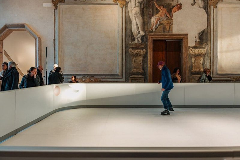 sustainable ice skating rink occupies palazzo diedo's frescoed banquet hall in venice