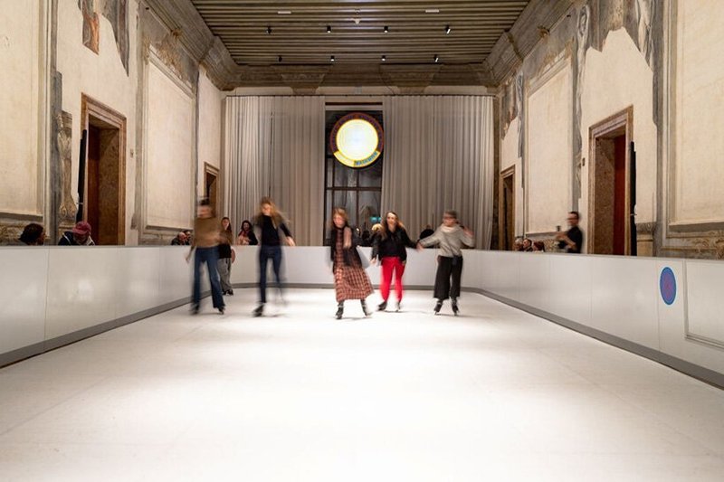 sustainable ice skating rink occupies palazzo diedo's frescoed banquet hall in venice