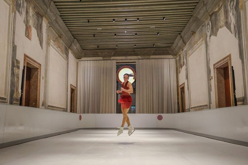 sustainable ice skating rink occupies palazzo diedo's frescoed banquet hall in venice