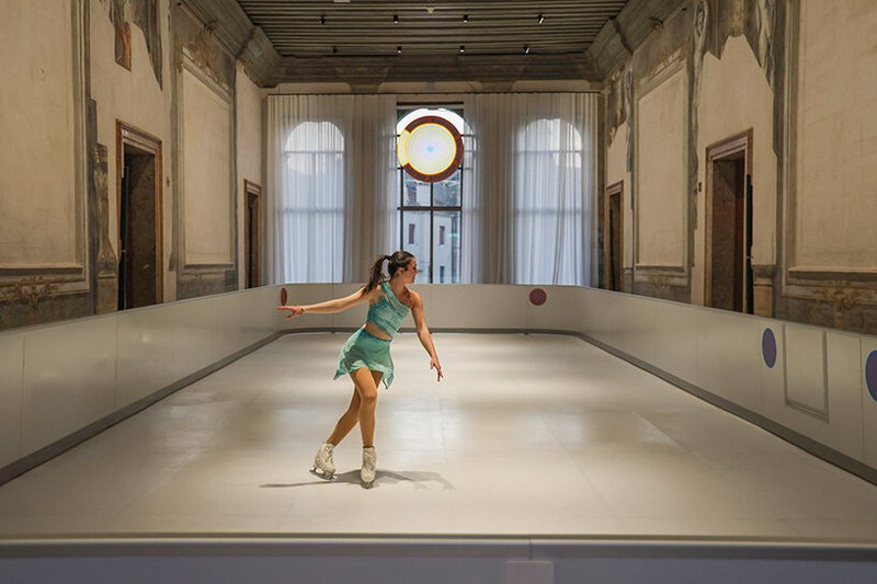 sustainable ice skating rink occupies palazzo diedo's frescoed banquet hall in venice
