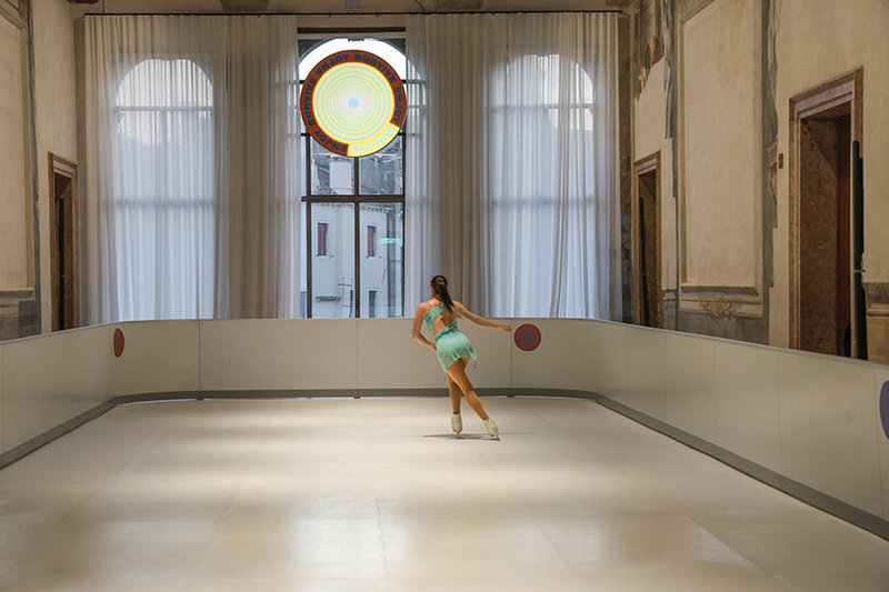 sustainable ice skating rink occupies palazzo diedo's frescoed banquet hall in venice