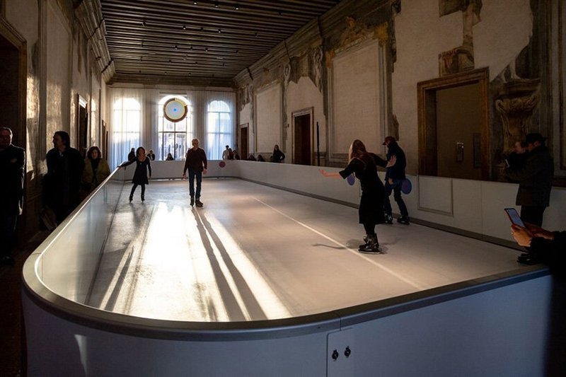 sustainable ice skating rink occupies palazzo diedo's frescoed banquet hall in venice