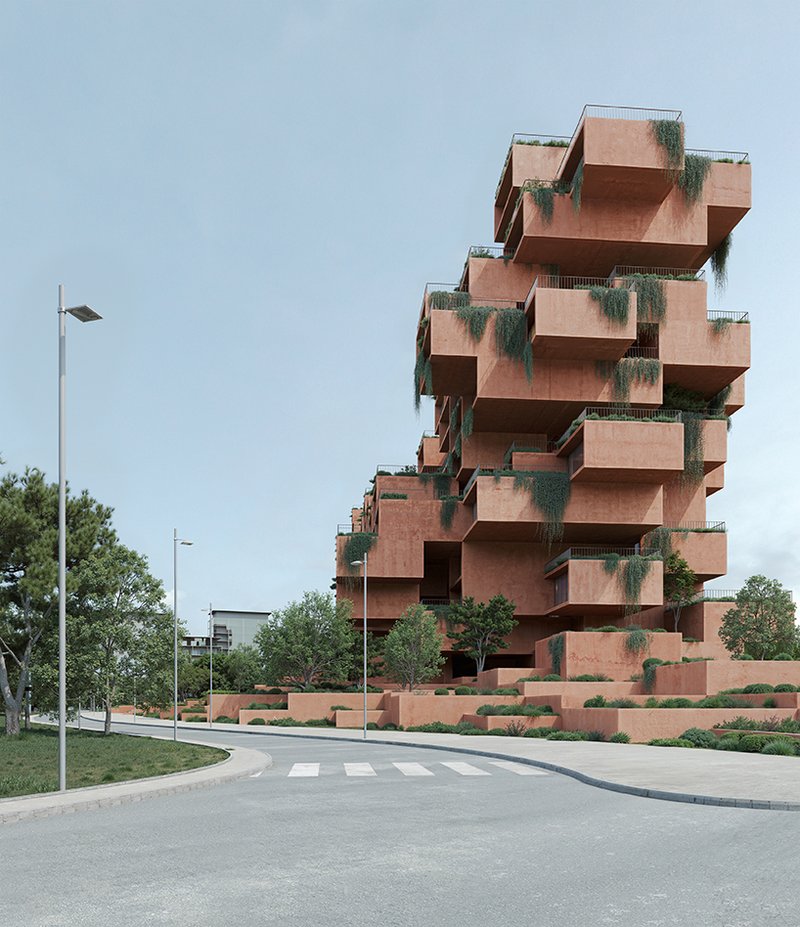 stacked earthen red volumes shape tectonic rhythm of residential tower in athens