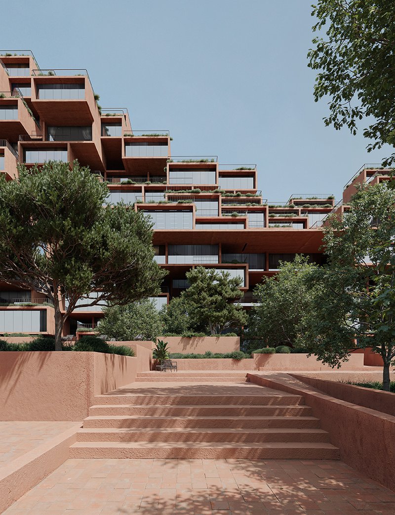stacked earthen red volumes shape tectonic rhythm of residential tower in athens