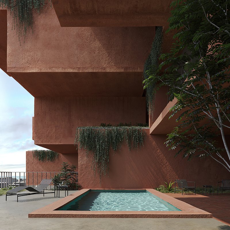stacked earthen red volumes shape tectonic rhythm of residential tower in athens